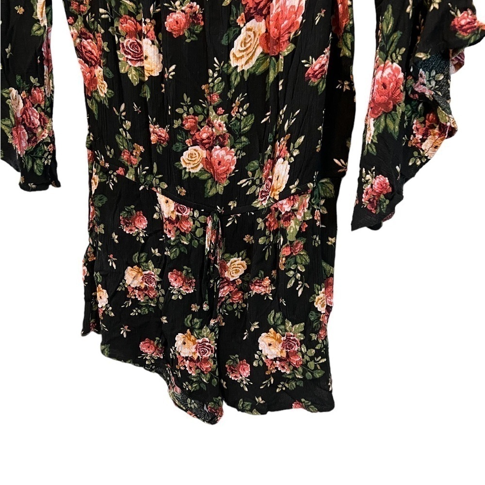Black Floral Print Off the Shoulder Drawstring Waist Short Romper M - Picture 5 of 10